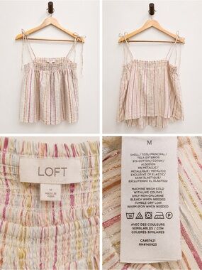 LOFT Cream Striped Metallic-Thread Smocked Tie-Shoulder Camisole